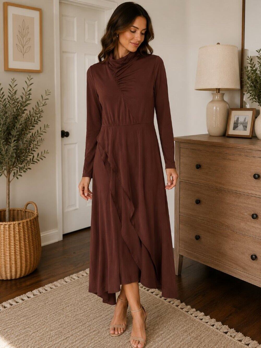 Brown Long Sleeve Midi Dress Medium Ruched Wrap Style Fall NWOT